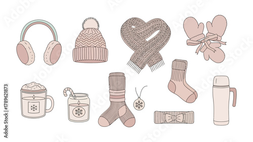 Winter Warmth Collection: A collection of cozy winter accessories and essentials, perfect for a cold day, each piece exuding warmth and comfort.