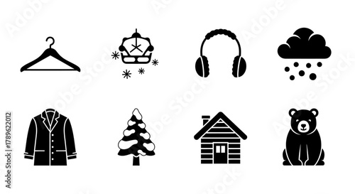 Winter Icons Hanger, Crown, Earmuffs, Snow, Coat, Tree, Cabin, Bear