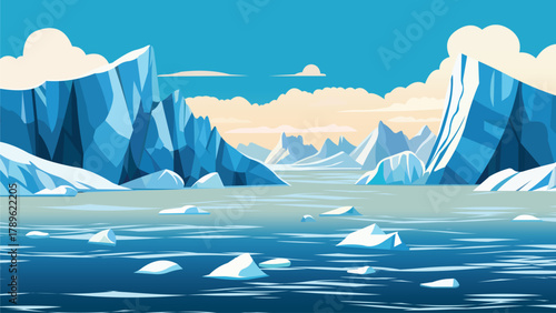 Frozen Arctic Landscape with Icebergs and Snowy Mountains — Peaceful Winter Nature Vector Illustration. 