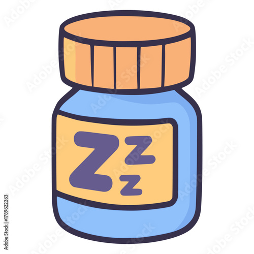 Sleeping pills medical condition in a bottle flat color vector illustration template design