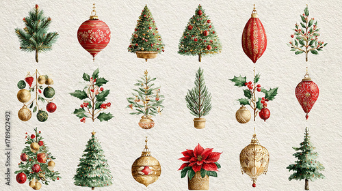 Watercolor Christmas decor elements set with pine trees, branches, cones, stars, gifts hand drawn illustrations