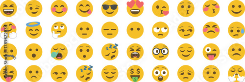 Collection of emoji faces showing different emotions like happy, sad, angry, love, tired, funny, and surprised for chat, message, and social media illustration design.