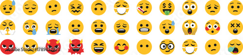 Collection of expressive yellow emoji faces showing various emotions like happy, sad, angry, sick, love, and surprised for chat, social media, and digital communication illustration.