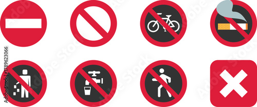 Collection of red prohibition safety signs including no entry, no smoking, no cycling, no littering, and restricted access symbols for safety, warning, and caution illustration design.