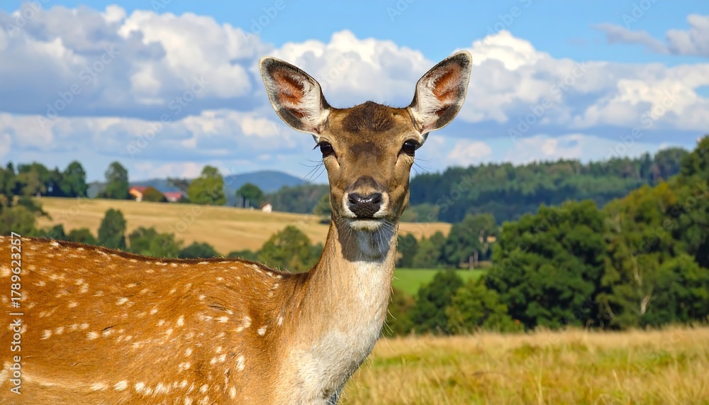 Naklejka premium A deer with spotted fur looks directly at the camera, set against a backdrop of rolling hills, fields, and a bright blue sky