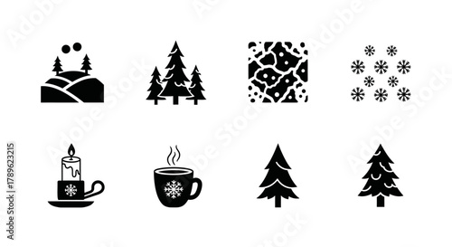 Set of Christmas Icons Trees, Snow, Candle, and Hot Drink