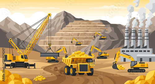 Industrial gold mining illustration showing heavy machinery excavating valuable resources from an open-pit mine, with a processing plant emitting smoke, symbolizing modern extraction