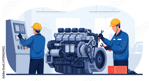 Skilled engineers meticulously perform complex industrial engine maintenance and repair, ensuring optimal operational performance with specialized tools and advanced control systems