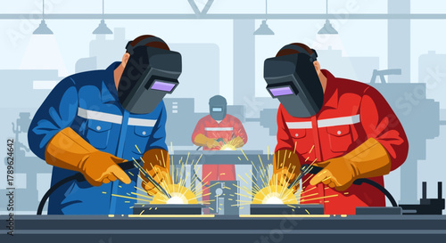 Industrial welders in protective gear working with metal and sparks in a factory. A vector illustration of a professional manufacturing team