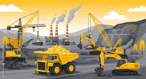 Heavy machinery and industrial facilities engaged in large-scale mining operations, illustrating the extraction and transportation of valuable resources