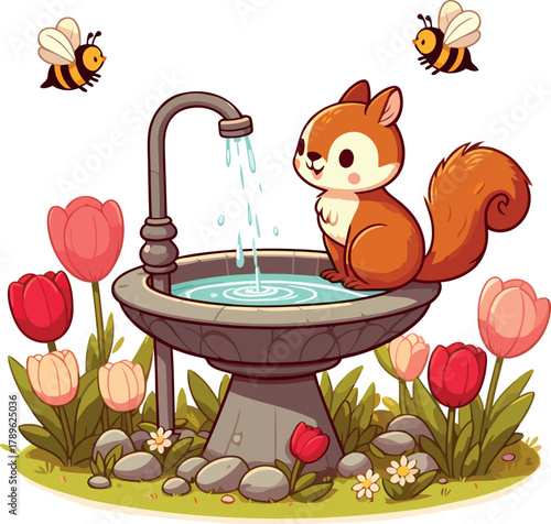 Cute Squirrel Hydrating at a Garden Fountain with Bees and Tulips