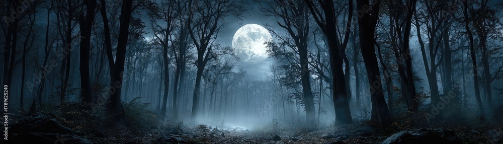 Obraz premium Epic spooky night with full moon misty sky concept. A spooky forest under a full moon, creating eerie shadows and light.