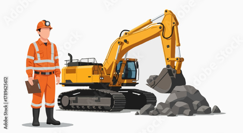 Flat vector full body faceless mining worker in reflective orange uniform and helmet lamp, standing next to a large mining excavator digging rocks