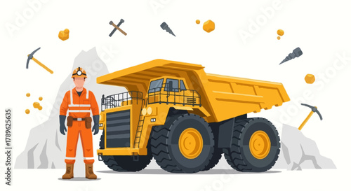 Flat vector full body faceless mining worker standing beside a giant yellow haul truck