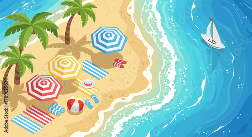 Dreamy Beach Scene with Striped Umbrellas, Palm Trees, and Gentle Waves