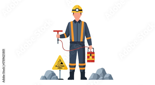 Flat vector full body faceless mining blasting worker wearing protective helmet and suit, holding safe detonator tool