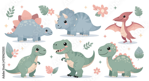 A delightful group of cute cartoon baby dinosaurs, including Stegosaurus and Pterodactyl, isolated on a white background