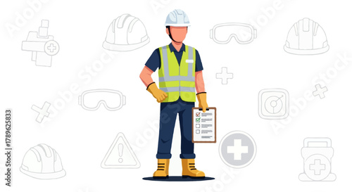 Flat vector full body faceless HSE officer holding a clipboard with safety checklist