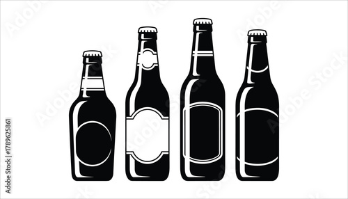 Four black silhouette beer bottles with white labels and caps on a white background black and white beverage