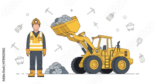 Flat vector full body faceless miner wearing full PPE gear (helmet lamp, boots, reflective suit) standing near a heavy wheel loader lifting stones