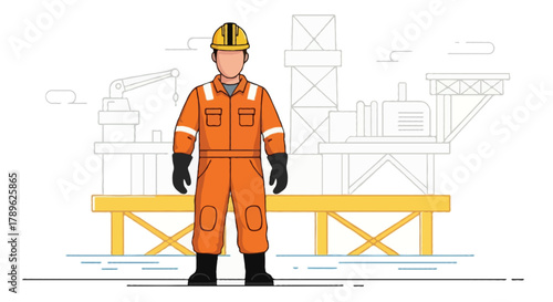 Flat vector full body faceless oil and gas worker standing on an offshore oil rig platform