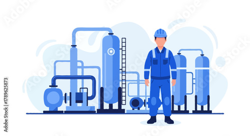 Flat vector full-body faceless gas plant worker standing in front of gas processing equipment and vertical tanks