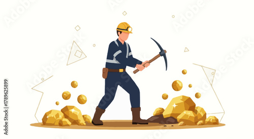 Flat vector full body faceless gold miner digging gold ore with pickaxe