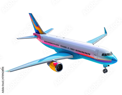 Colorful plane against black, side view, wings outspread