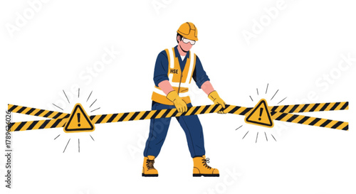Flat vector full body faceless HSE officer placing warning tape around hazardous area