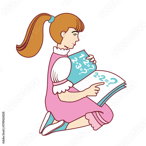 Happy schoolgirl preschool girl with book. Border template with numbers. vector illustration