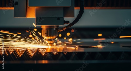 Precision Laser Cutting Sparks on Metal Plate