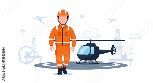 Flat vector full body faceless oil and gas offshore worker walking away from a helicopter landing deck