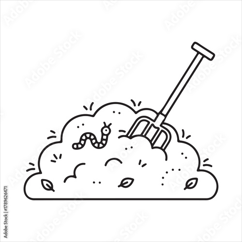 Garden compost pile with earthworm and pitchfork illustration