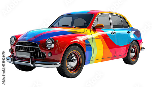 Car painted colorful stripes. Classic vehicle, black background