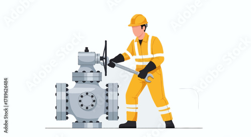 Flat vector full body faceless oil and gas technician tightening a large industrial valve