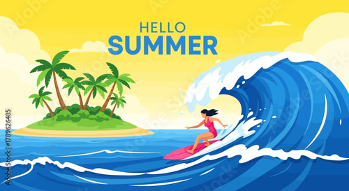 Vibrant illustration of a woman enjoying an exciting surf adventure on a tropical island with palm trees under a bright summer sky, capturing the essence of vacation and water sports