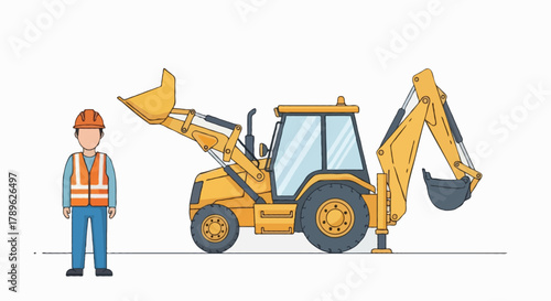 Flat cartoon faceless construction worker beside a backhoe loader, front bucket raised and backhoe arm extended, orange vest and helmet