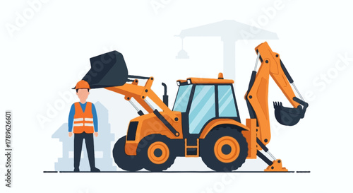 Flat cartoon faceless construction worker beside a backhoe loader, front bucket raised and backhoe arm extended, orange vest and helmet