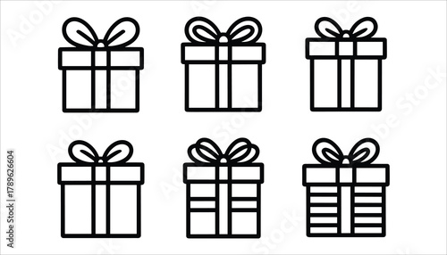 Six simple black line art gift boxes with bows on white background present box