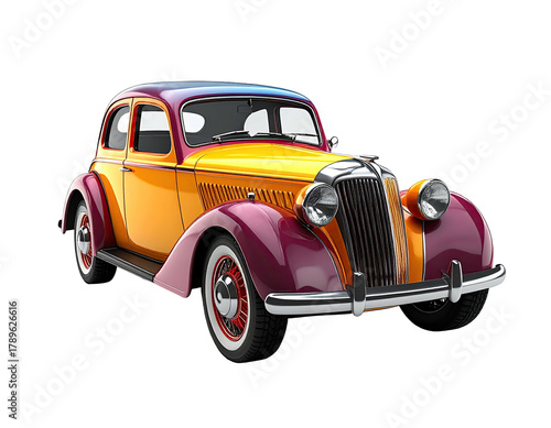 Classic two-tone coupe with curved fenders, gleaming chrome details