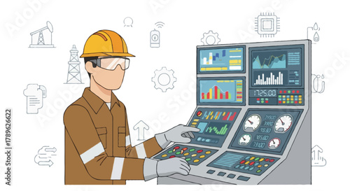Flat vector full body faceless oil and gas engineer operating a digital control panel with gauges and screens