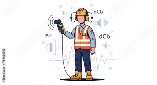 Flat vector full body faceless HSE officer measuring noise with sound level meter, earmuffs hanging on helmet