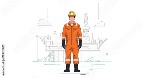 Flat vector full body faceless oil and gas worker standing on an offshore oil rig platform