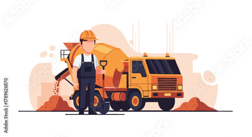 Flat cartoon illustration of a faceless construction worker next to a cement mixer truck, rotating drum pouring concrete, worker holding a shovel