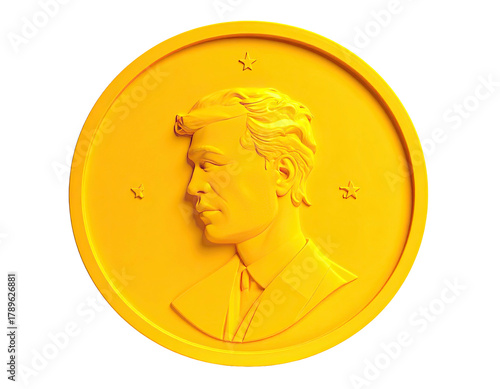 Gold coin portrait. Person's face, profile, surrounded by three stars