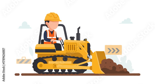 Flat cartoon illustration of a faceless construction worker operating a yellow bulldozer