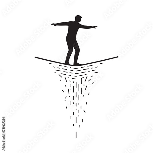 A Silhouette of a Person Walking on a Thin Line Above a Dissolving Surface Representing Uncertainty