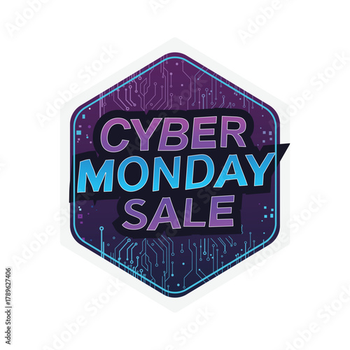 Cyber monday sale badge hexagon shape with circuit board pattern and text inside