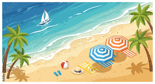 Sunny beach scene with umbrellas, palm trees, and a sailboat under a bright blue sky, ideal for summer