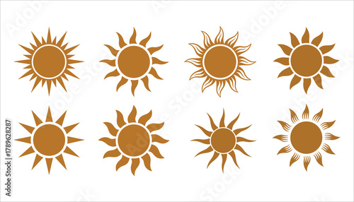 Eight stylized sun icons in various designs and ray shapes in warm brown color on white background sun symbol